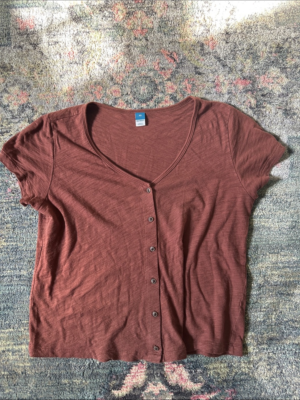 Old Navy Women's Button-Front Short Sleeve Top in Rust Brown 100% Cotton XS